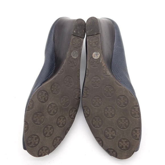 Tory Burch (Womens Size 10.5) Sally Peep Toe Wedge Pumps Blue Pebbled Leather - Picture 8 of 8